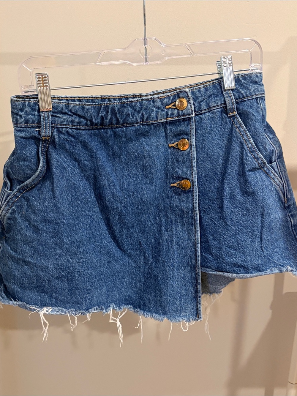 Zara Blue Denim Button-Front Frayed Hem Skort